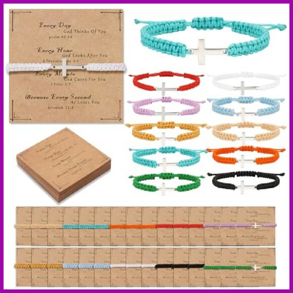 Adjustable Braided Cross Charm Bracelets with Inspirational Cards Set - Picture 2 of 8